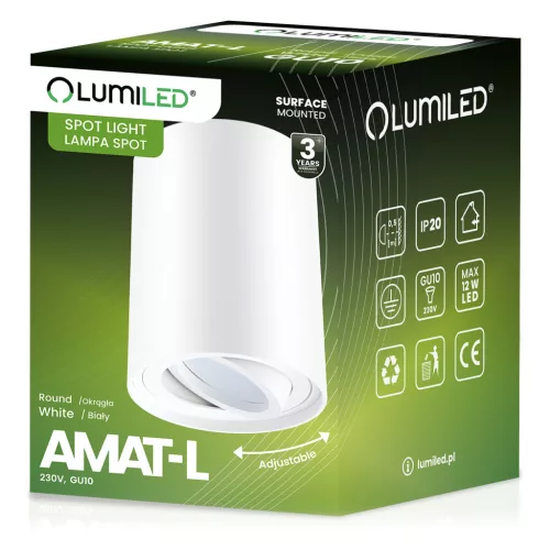 Felületre szerelhető HALOGÉN pontcsöves rögzítő AMAT-L GU10 kerek fehér 115mm LUMILED