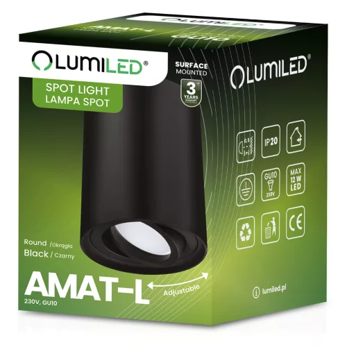 Felületre szerelhető HALOGÉN Spotcső rögzítő AMAT-L GU10 kerek fekete 115mm LUMILED