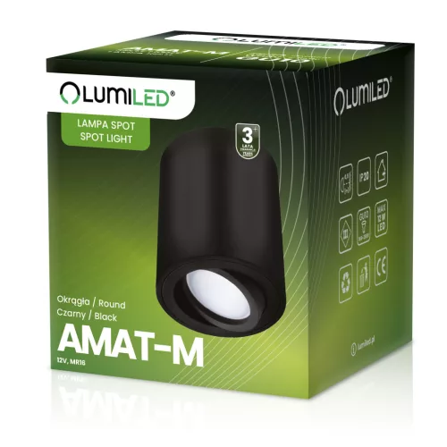Felületre szerelhető HALOGÉN Spotcső rögzítő AMAT-M GU10 LUMILED kerek fekete 84mm