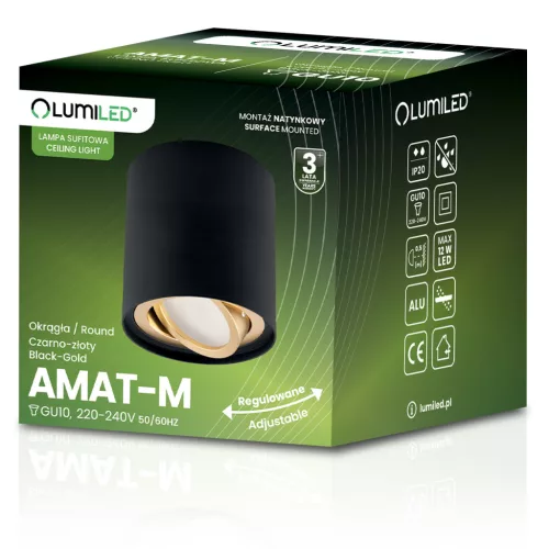 Felületre szerelhető HALOGÉN Spotcső mozgatható AMAT-M GU10 kerek FEKETE-ARANY 84mm LUMILED
