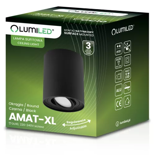 Felületre szerelt HALOGÉN Spotcsöves mozgatható rögzítő AMAT-XL GU10 kerek FEKETE 125mm LUMILED