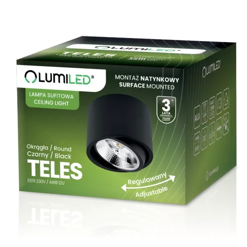 Felületre szerelhető lámpatest HALOGÉN SPOT TUBE Mozgatható GU10 AR111 Kerek Fekete 100mm TELES LUMILED