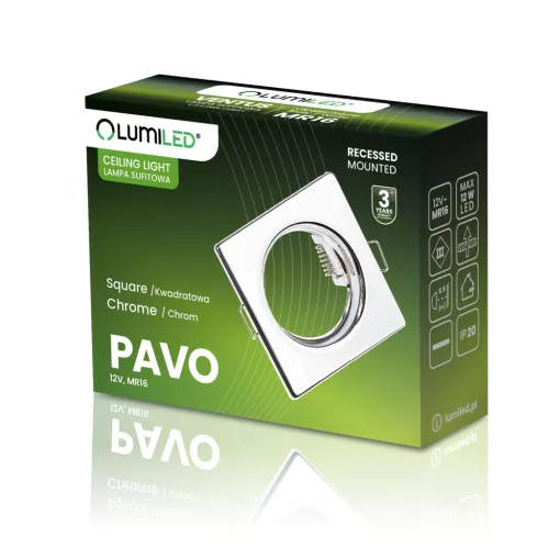 Halogén lámpatest süllyesztett, fix négyzet alakú PAVO krómlap MR16 GU10 LUMILED