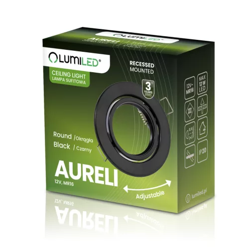 HALOGÉN lámpatest, süllyesztett, mozgatható, kerek, AURELI, fekete lemez, MR16, GU10