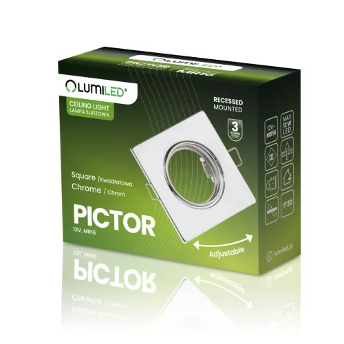 Süllyesztett halogén lámpatest mozgatható négyzet alakú PICTOR krómlap MR16 GU10 LUMILED
