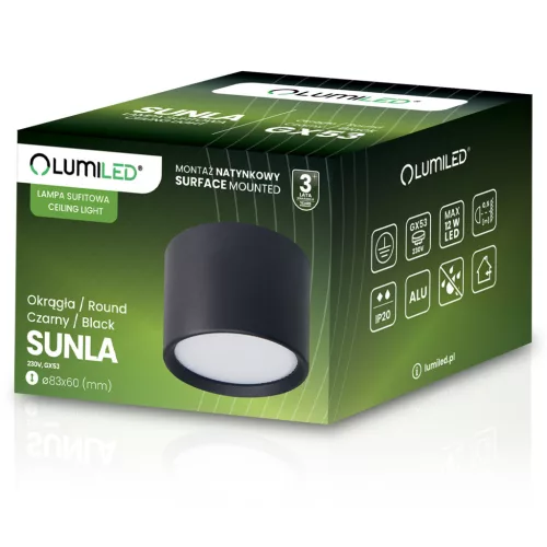 HALOGÉN Felületre szerelhető SUNLA Tube Gx53 LED Spot mennyezeti égőhenger fekete LUMILED