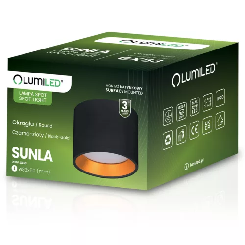 HALOGÉN Felületre szerelhető SUNLA Tube Gx53 LED Spot mennyezeti égőhenger fekete - arany LUMILED
