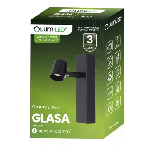 Fali lámpa LED reflektor spot E27 üveggel, Lumiled, fekete