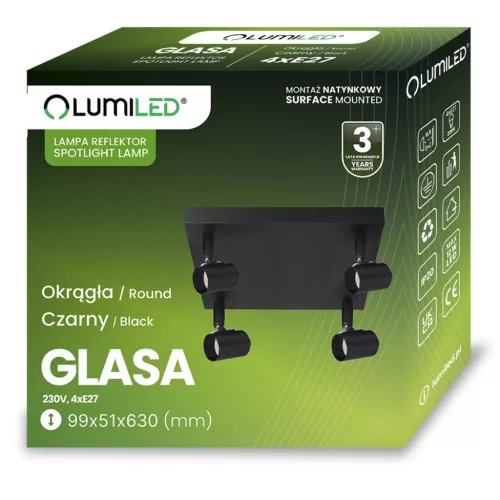 Mennyezeti lámpa, mennyezeti spotlámpa, TUBA, reflektorfény, halogén lámpatest, 4x E27, üveg, LUMILED