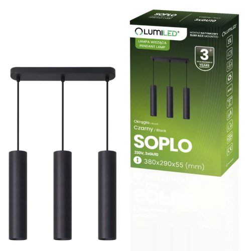 Függesztett mennyezeti lámpa 29cm-es spotlámpa 3x GU10 LED SOPLO fekete LUMILED