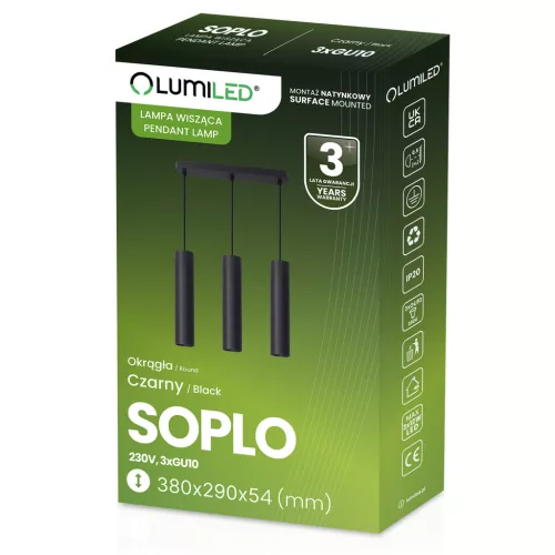 Függesztett mennyezeti lámpa 29cm-es spotlámpa 3x GU10 LED SOPLO fekete LUMILED