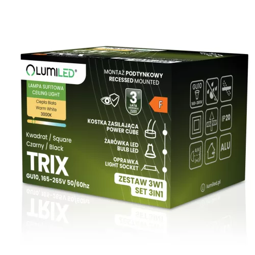 Süllyesztett, négyzet alakú halogén lámpatest TRIX 3in1 GU10 6W 3000K fekete LUMILED