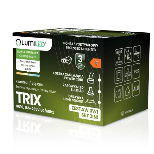 Süllyesztett, négyzet alakú halogén lámpatest TRIX 3 az 1-ben GU10 6W 4000K fényes ezüst LUMILED