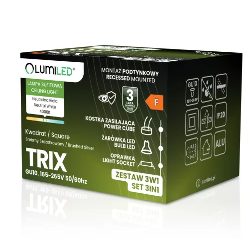 Süllyesztett, négyzet alakú halogén lámpatest TRIX 3in1 GU10 6W 4000K szálcsiszolt ezüst LUMILED