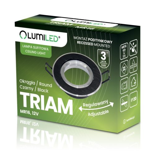 Halogén süllyesztett mennyezeti lámpa, kerek, mozgatható, GU10, MR16, fekete, TRIAM LUMILED