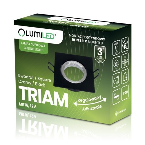 Halogén süllyesztett mennyezeti lámpa, négyzet alakú, mozgatható, GU10, MR16, fekete, TRIAM LUMILED