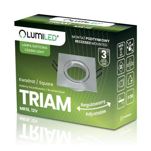 Halogén süllyesztett mennyezeti lámpa, négyzet alakú, mozgatható, GU10, MR16, ezüst, TRIAM LUMILED