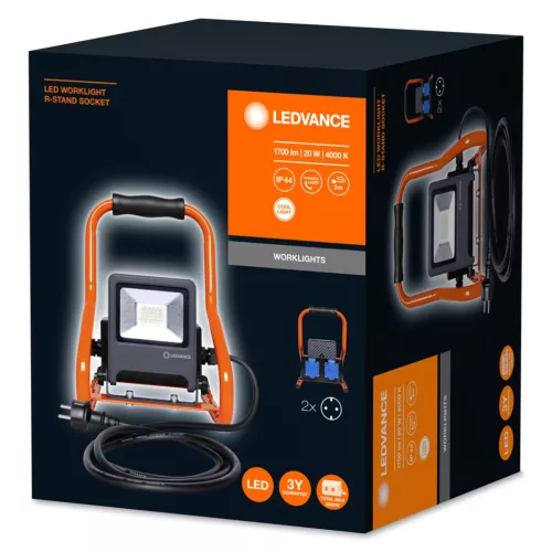 LED-es reflektor 20W 1700lm 4000K + 2x 230V-os aljzat MUNKALÁMPÁK R-ÁLLVÁNY LEDVANCE Work Hordozható