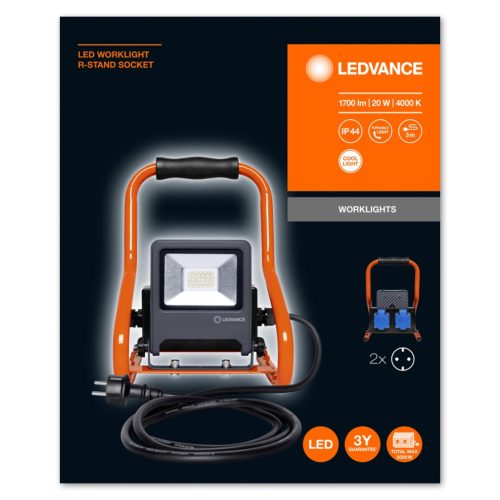 LED-es reflektor 20W 1700lm 4000K + 2x 230V-os aljzat MUNKALÁMPÁK R-ÁLLVÁNY LEDVANCE Work Hordozható