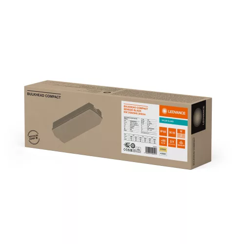 LED ipari kültéri fali lámpa homlokzat 8W 840lm 3000/4000K IP65 fekete vészhelyzeti modullal mozgás- és szürkületérzékelő válaszfallal