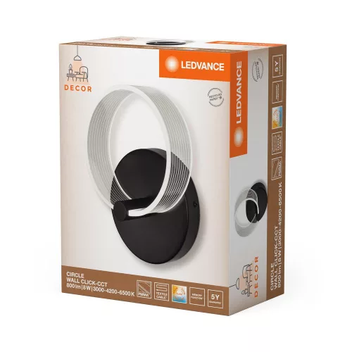 LED Fali Mennyezeti Lámpa Sconce Felületre Szerelt 8W 370lm CCT Dekoratív Fekete Kör Ledvance