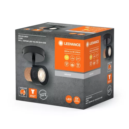 LED fali mennyezeti lámpa, fali lámpa, felületre szerelhető, 3,4 W, 230 lm, 3000 K, meleg, szabályozható fényerővel, dekoratív fekete pontfény, parafa, Ledvance