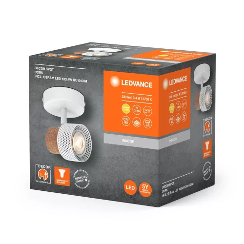 LED fali mennyezeti lámpa, fali lámpa, felületre szerelhető, 3,4 W, 230 lm, 3000 K, meleg, szabályozható fényerővel, dekoratív fehér pontfény, parafa, Ledvance
