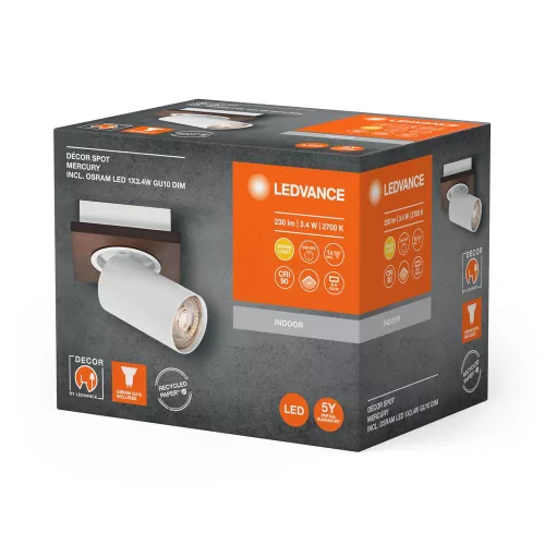 LED fali mennyezeti lámpa, felületre szerelhető, 3,4 W, 230 lm, 3000 K, meleg, szabályozható fényerővel, dekoratív fehér, barna spotlámpa, higany, Ledvance