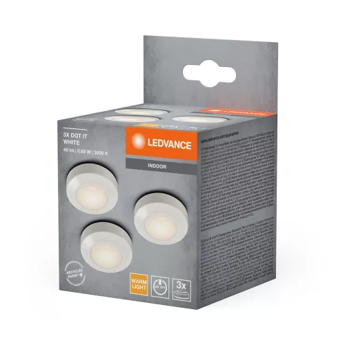 LED szekrény alatti lámpa, mennyezeti lámpa, hordozható, 0,68 W, 40 lm, 3000 K, meleg fehér, felületre szerelhető, 6,9 cm, Dot-It, Ledvance