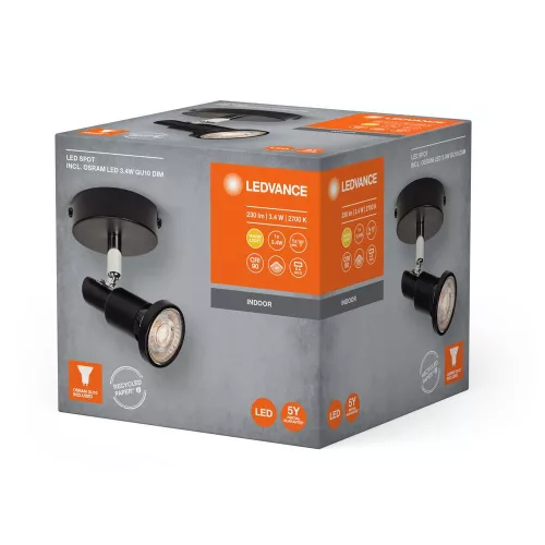 LED fali mennyezeti lámpa, felületre szerelhető, 3,4 W, 230 lm, 3000 K, meleg, szabályozható, fekete, LED spotlámpa, Ledvance