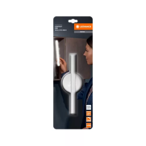 Hordozható, szekrény alatti bútor LED lámpa, USB, 2W, 150lm, 4000K, semleges, szabályozható, fali, ezüst LEDstixx USB, Ledvance