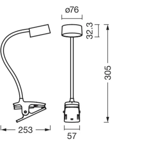 LED asztali lámpa, klipsz, állítható, 4,8 W, 328 lm, CCT, szabályozható fényerővel, fehér, irodai termékcsalád, Ledvance