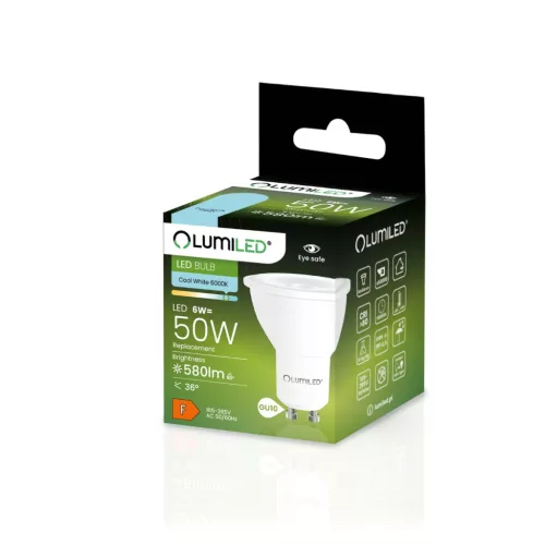 GU10 LED izzó 6W = 50W 580lm 6500K hideg 36° LUMILED