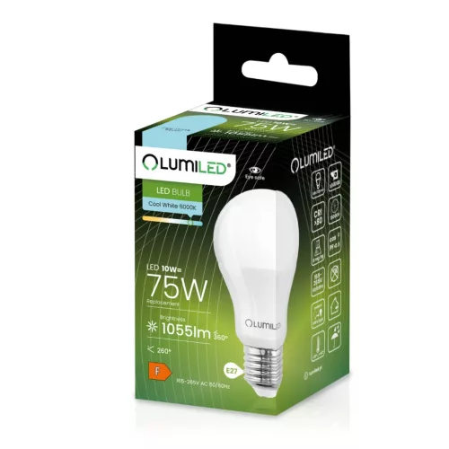 E27 A60 LED izzó 10W = 75W 1055lm 6500K Hideg 260° LUMILED