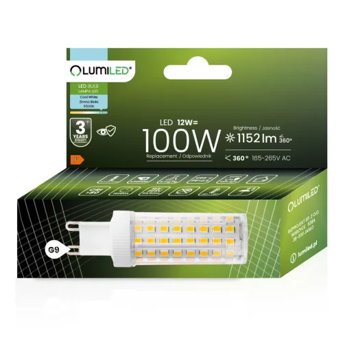 G9 LED izzó KAPSZULA 12W = 100W 1152lm 6500K Hideg 360° LUMILED