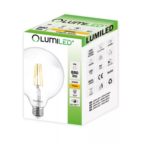 E27 G125 LED izzó 8W = 65W 880lm 3000K meleg 360° LUMILED izzószál