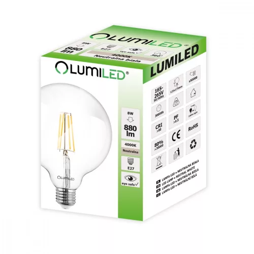 E27 G125 LED izzó 8W = 65W 880lm 4000K semleges 360°-os LUMILED izzószál