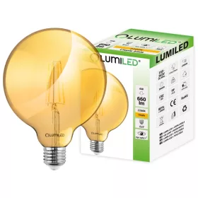   E27 G125 LED izzó 6W = 50W 660lm 2200K meleg 360° LUMILED borostyán izzószál