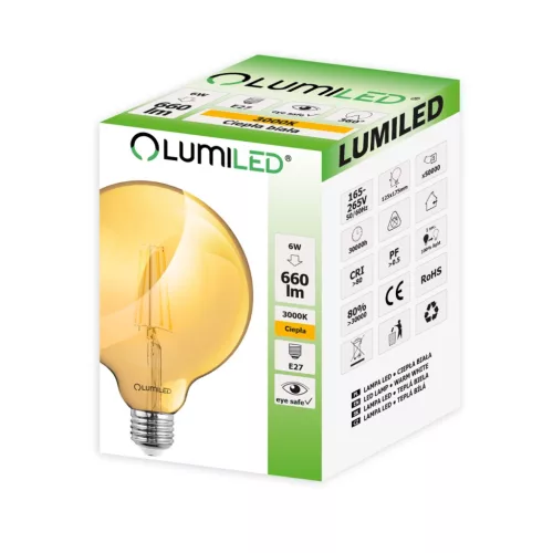 E27 G125 LED izzó 6W = 50W 660lm 2200K meleg 360° LUMILED borostyán izzószál