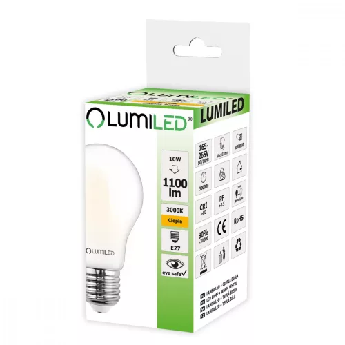 E27 A60 LED izzó 10W = 75W 1100lm 3000K meleg 360° LUMILED izzószál