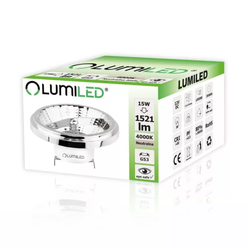 G53 AR111 LED izzó 15W = 100W 1521lm 4000K Semleges 24° 12V DC Ezüst LUMILED