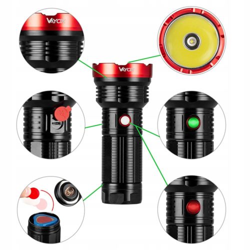 LED Pro taktikai zseblámpa újratölthető keresőlámpa USB-C 20W 2000lm IPX5 VAYOX