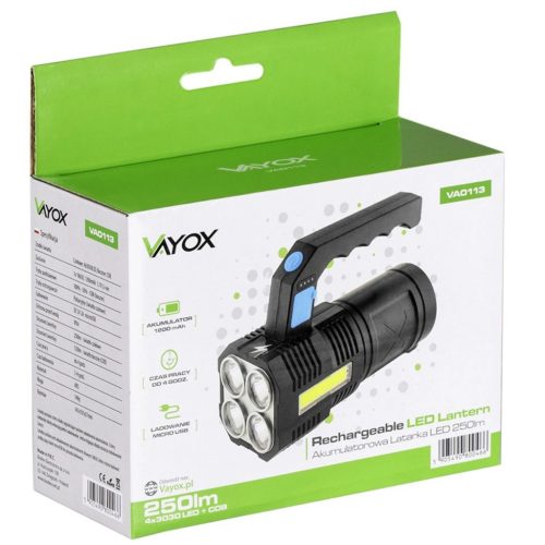 Újratölthető LED zseblámpa, keresőfény, 5W, 250lm, kézi lámpa, erős, 4xLED+COB, VA0113, VAYOX