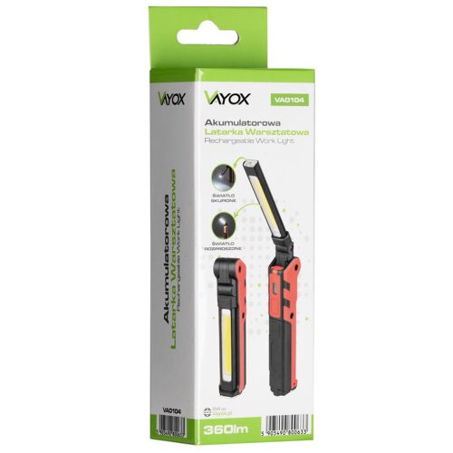Újratölthető műhelyi zseblámpa, összecsukható mágneses COB + LED, 140lm + 360lm, VA0104, Vayox