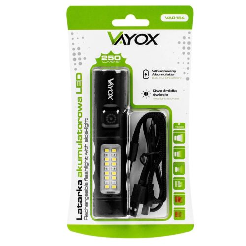 Újratölthető LED zseblámpa, klasszikus, 5 W, 250 lm, kézilámpa, nagy teljesítményű LED + SMD, VA0184, VAYOX