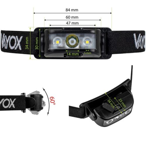 Újratölthető fejlámpa 100lm 100LM LED + 2XLED 5 működési mód VAYOX