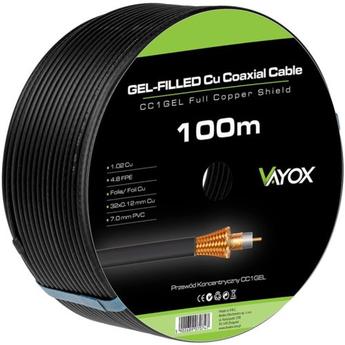 Kábel koaxiális antenna kábel réz gél CU föld 4K Full HD fekete 100M VAYOX