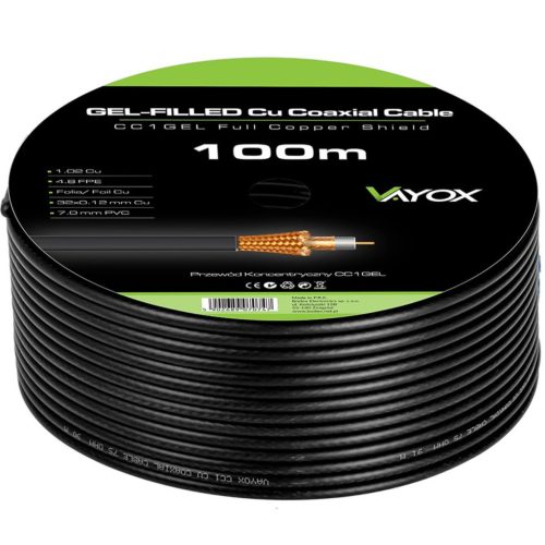 Kábel koaxiális antenna kábel réz gél CU föld 4K Full HD fekete 100M VAYOX