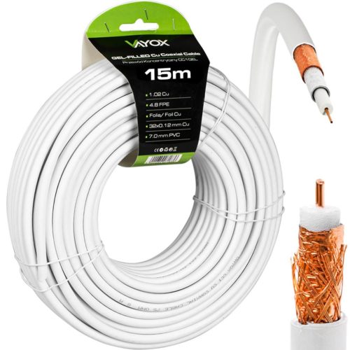 Kábel koaxiális antenna kábel réz gél CU föld 4K Full HD fehér 15M VAYOX