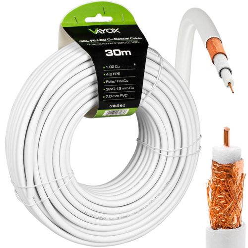 Kábel koaxiális antenna kábel réz gél CU föld 4K Full HD fehér 30M VAYOX